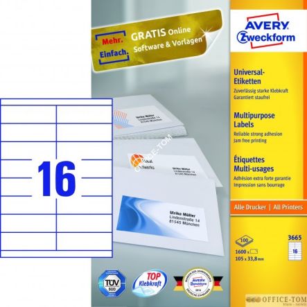 Trwałe Etykiety AVERY ZWECKFORM uniwersalne A4, 100 ark./op., 105 x 33,8 mm, białe