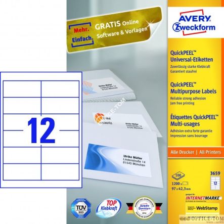 Etykiety uniwersalne Avery Zweckform 97 x 42,3 Biały 1200szt 100 arkuszy papierowe